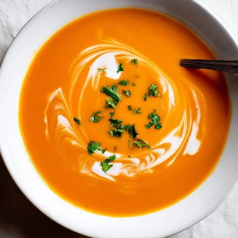 A bowl of vibrant orange Carrot Ginger Soup garnished with fresh parsley and a swirl of coconut cream, served warm.