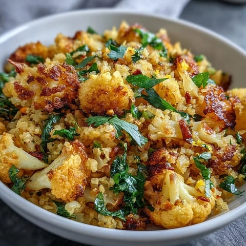 Golden turmeric cauliflower rice with fresh cilantro and lemon wedges, served as a vibrant, healthy side dish.