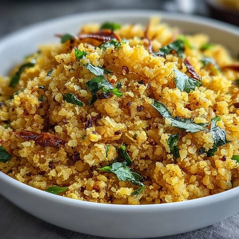 A close-up of fluffy turmeric cauliflower rice, seasoned with cumin and garnished with fresh parsley.