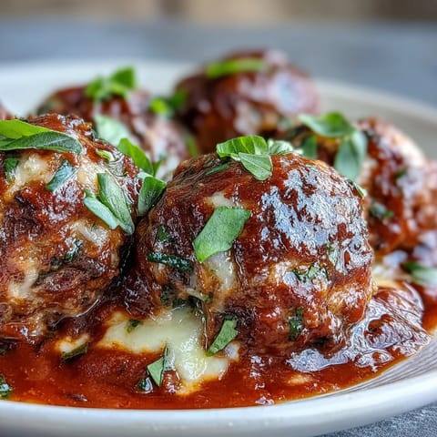 Golden-brown meatballs with melted mozzarella peek from a skillet of vibrant marinara, ready to be served over gluten-free pasta.