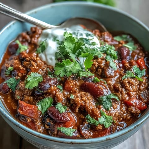 Spoon dipping into a rich, saucy Slow Cooker Chili showing tender beef, beans, and diced peppers.