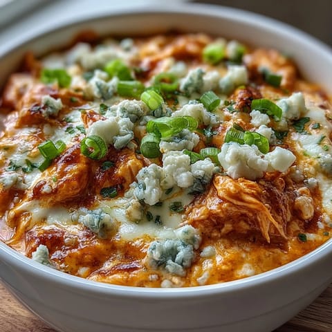 Hearty bowl of Crock Pot Buffalo Chicken Dip Soup garnished with blue cheese crumbles, served with celery sticks for dipping.