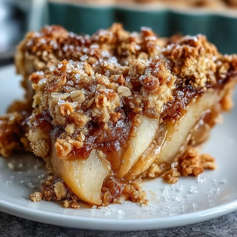 A close-up view of warm Pear Crumble, showing tender, juicy pear slices and a thick, buttery crumb topping fresh from the oven.
