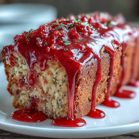 A slice of Blood Orange Loaf Cake with Poppy Seeds and Marzipan reveals a moist, ruby-red crumb studded with seeds and almond paste. 