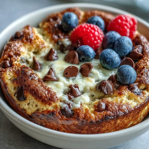 Freshly baked Baked Protein Pancake Bowl topped with peanut butter, sliced banana, and chocolate chips, served in a ceramic ramekin for breakfast.