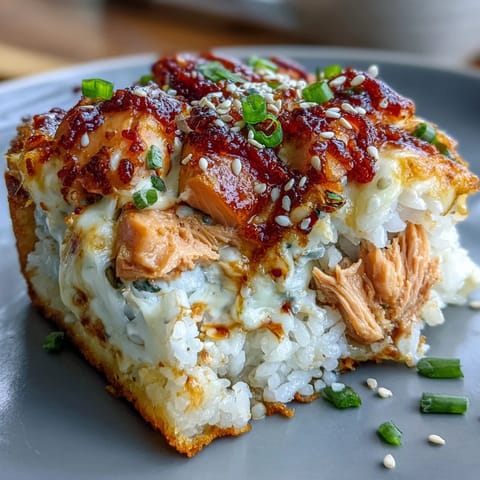Close-up of a spoon scooping a savory portion of Spicy Salmon Sushi Bake.