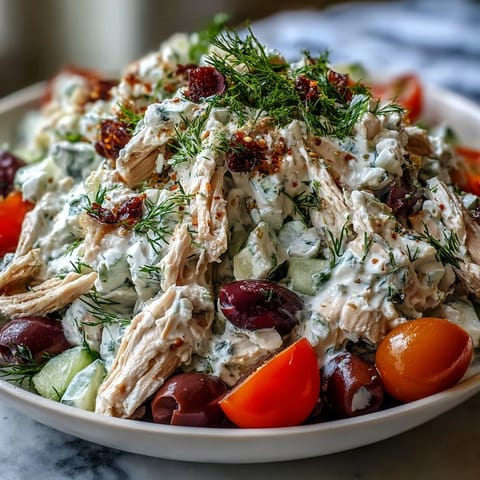 Colorful Mediterranean Tzatziki Chicken Salad with juicy cherry tomatoes, crumbled feta, and sliced Kalamata olives on a bed of greens.