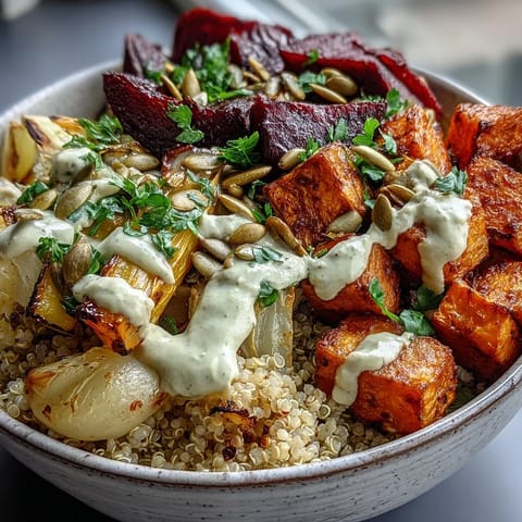 Caramelized roasted root vegetables glisten atop fluffy quinoa in this vibrant Roasted Root Vegetable Bowl, ready for a wholesome vegetarian dinner.