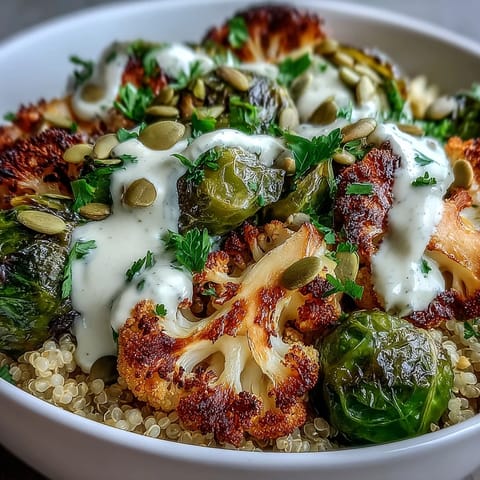 Golden roasted broccoli, cauliflower, and Brussels sprouts simmer atop fluffy quinoa in this savory Roasted Brassica Bowl.