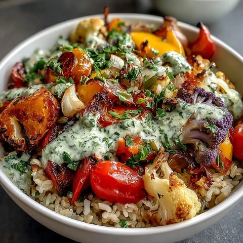 Golden roasted vegetables including bell peppers, broccoli, and zucchini are arranged over fluffy brown rice in a Rainbow Roasted Vegetable Bowl, topped with vibrant green herb sauce. 
