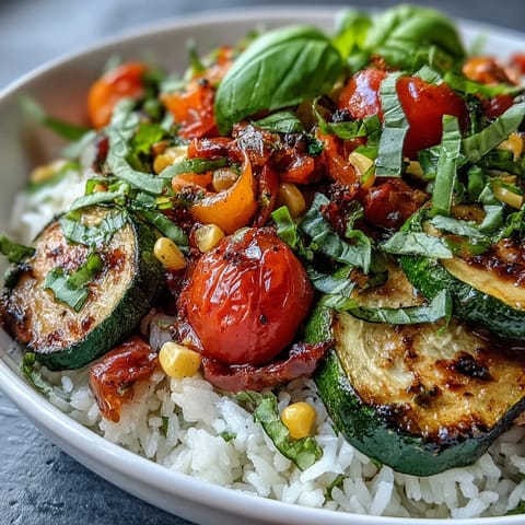 A vibrant Summer Vegetable Bowl with sautéed zucchini, sweet corn, and red bell peppers over fluffy white rice, garnished with fresh basil.
