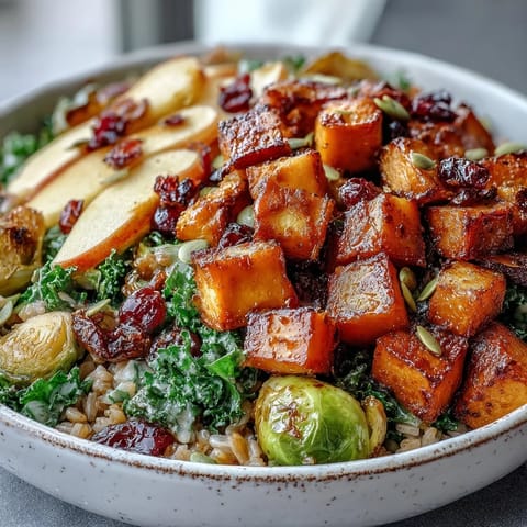 Bowl of Fall Vegetable Bowl topped with pumpkin seeds and dried cranberries
