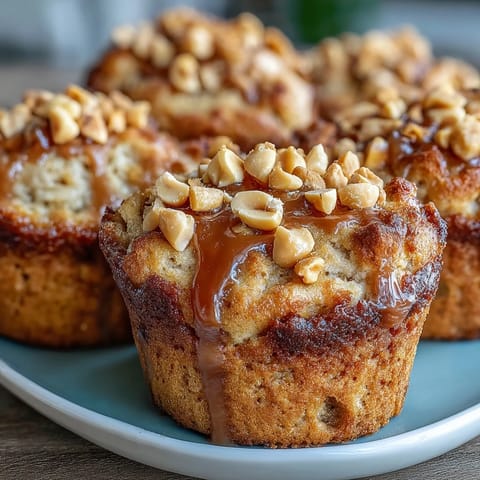 Two warm Peanut Butter and Guava Muffins sit on a white plate, topped with chopped peanuts and a side of jam.
