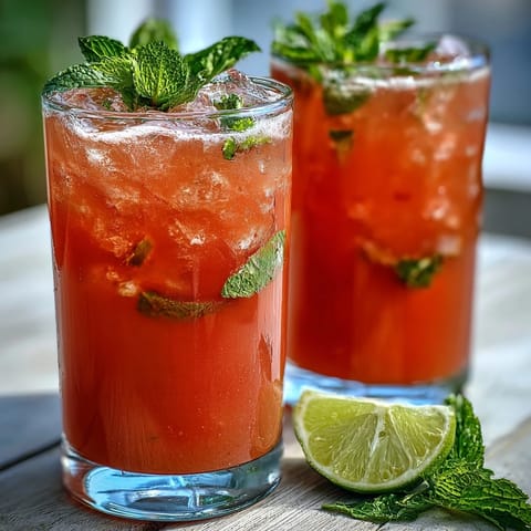 Chilled guava nectar drink in a glass, garnished with fresh mint and a lime wedge.
