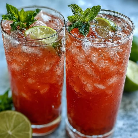Chilled guava juice with sparkling water over ice in a glass, garnished with fresh mint leaves for a refreshing tropical spritzer.