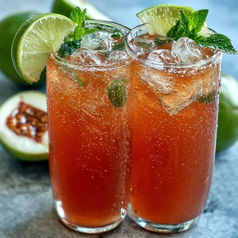 Two glasses of bubbly guava juice with sparkling water and lime slices, served on a sunny patio table for a thirst-quenching treat.
