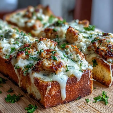 Richly baked Chicken Alfredo Garlic Bread garnished with fresh parsley, sliced on a wooden board, perfect for a hearty appetizer or main dish.