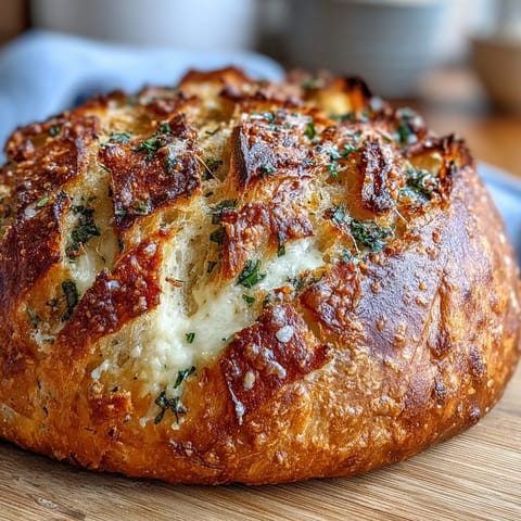 Rustic Perfect Parmesan Garlic Artisan Bread loaf with a crackling golden crust, paired with a warm bowl of tomato soup.