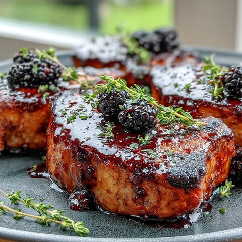 Golden seared Bourbon Blackberry Pork Chops topped with a rich dark berry reduction and served alongside roasted sweet potatoes.