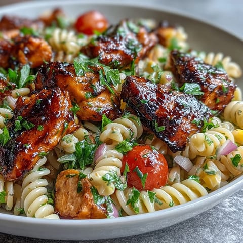 A close-up of Honey BBQ Chicken Pasta Salad tossed in creamy dressing, with crisp celery and parsley, ready to serve at a backyard picnic.