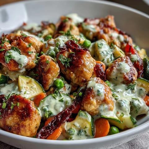 Forkful of creamy ranch turkey and veggie skillet with bright bell peppers and zucchini over fluffy white rice.
