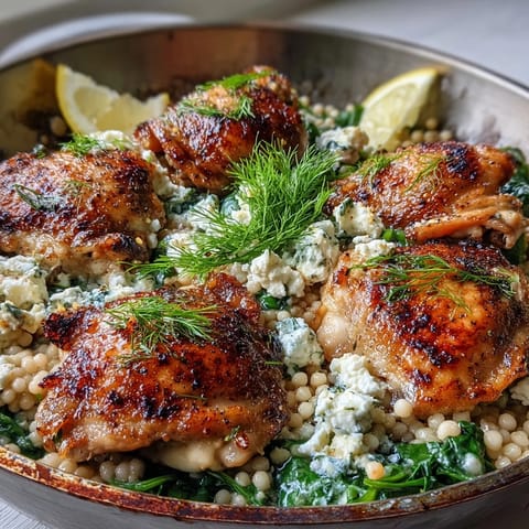 Golden-brown Creamy Greek Chicken & Pearl Couscous Bake topped with crumbled feta and fresh dill in a skillet.