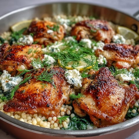 A bubbling Creamy Greek Chicken & Pearl Couscous Bake served hot with lemon wedges and a wooden spoon ready to eat.