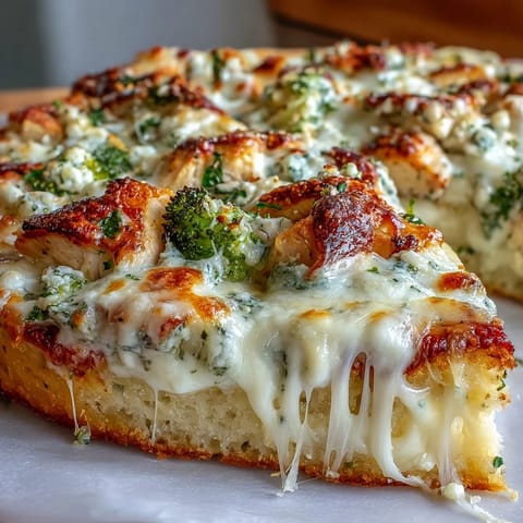 Slice of Garlic Parmesan Chicken & Broccoli Pizza revealing creamy white sauce, tender chicken, and fresh parsley garnish.