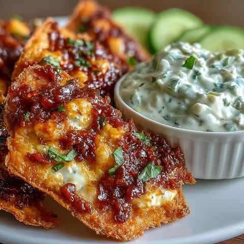 Golden, crispy triangular naan chips brushed with chili crisp garlic butter sit next to a creamy white cucumber dip topped with fresh herbs.