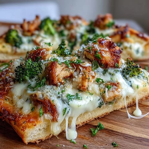 Golden-brown Garlic Parmesan Chicken & Broccoli Pizza with melted mozzarella and fresh green broccoli on a crisp crust.