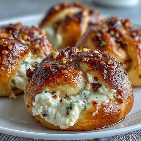 Golden-brown Hot Honey Ricotta Stuffed Garlic Knots drizzled with sweet spicy sauce.