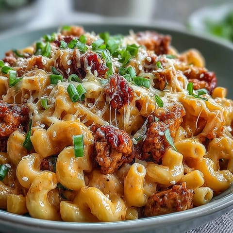 Freshly chopped scallions and sesame seeds garnish a warm bowl of Korean-Style Turkey Mac & Cheese, ready to serve.