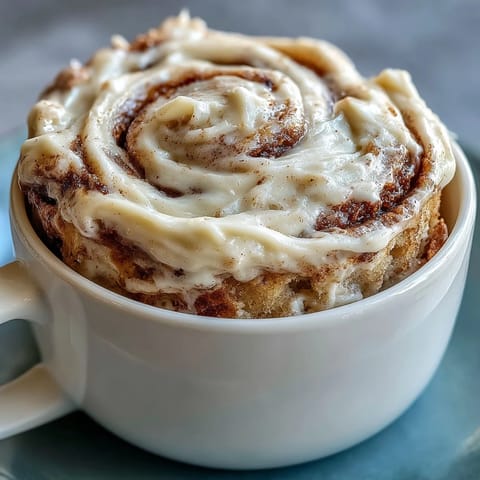 Easy High-Protein Cinnamon Roll Mug Cake fresh from the microwave with a soft, fluffy texture and creamy swirl.