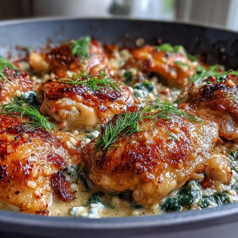 Golden-baked Creamy Greek Chicken & Pearl Couscous Bake is bubbling in a skillet, topped with fresh herbs and lemon wedges.
