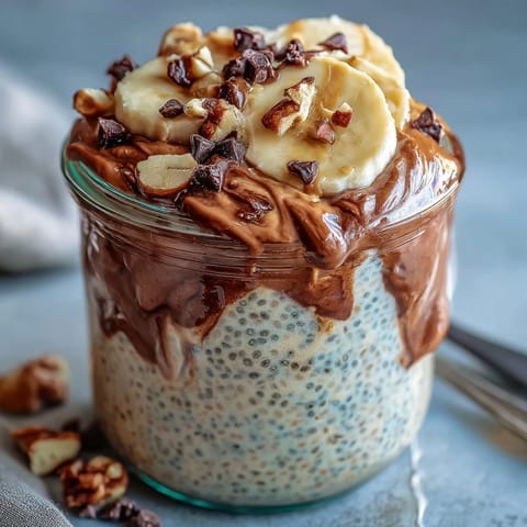 A close-up of Chunky Monkey Overnight Chia Pudding showing creamy texture, rich cocoa layers, banana pieces, and a chocolate chip garnish on top.