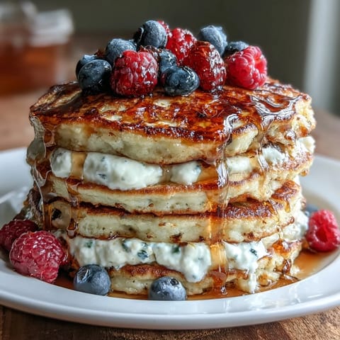 Wholesome berry protein pancakes stacked high with Greek yogurt and fresh berries, a delicious high-protein breakfast option.