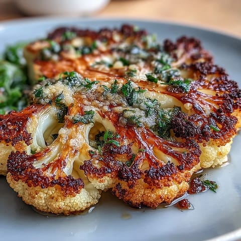 Golden roasted cauliflower steaks topped with a savory garlic-Parmesan crust, perfect for a keto-friendly meal or side dish.  
