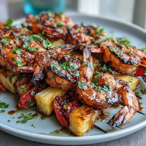 Grilled shrimp and pineapple skewers sizzle on the barbecue, showcasing juicy shrimp and sweet pineapple chunks marinated in cilantro-lime.