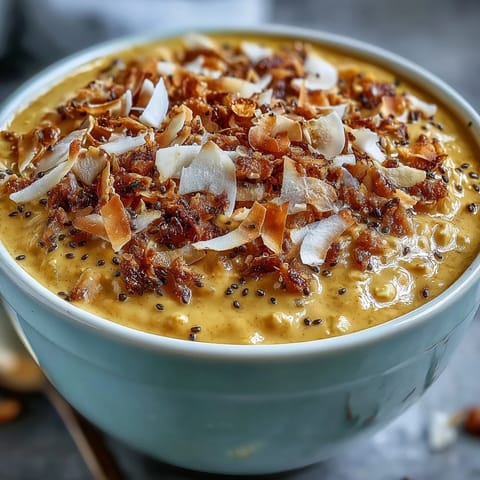 Creamy vegan golden milk overnight oats with turmeric and ginger, topped with toasted coconut and fresh berries.