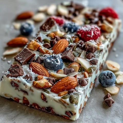 Creamy Greek yogurt bark topped with mixed berries, chia seeds, and pumpkin seeds for a protein-packed snack.  