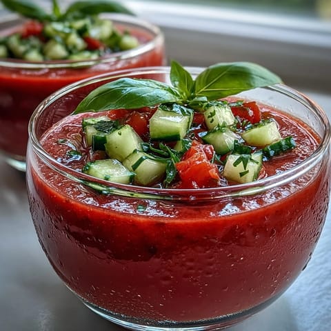 Refreshing chilled gazpacho soup bursting with garden-fresh vegetables and vibrant colors.  