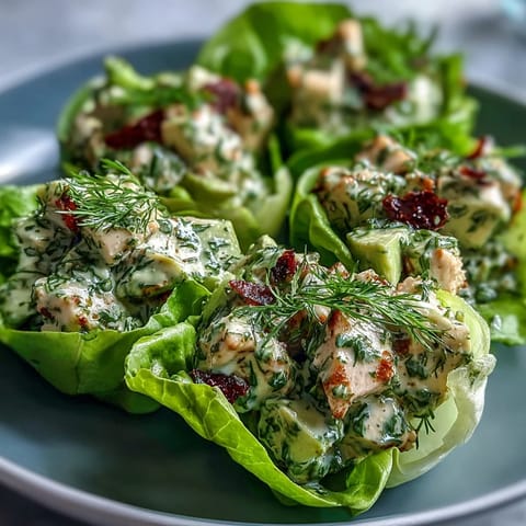 Creamy avocado and tender chicken mixed with fresh herbs, spooned into crunchy lettuce cups for a healthy meal.  