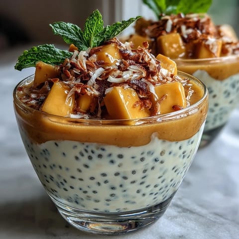 Creamy vegan chia pudding cups with tropical mango purée and coconut milk, topped with toasted coconut flakes and fresh mint.