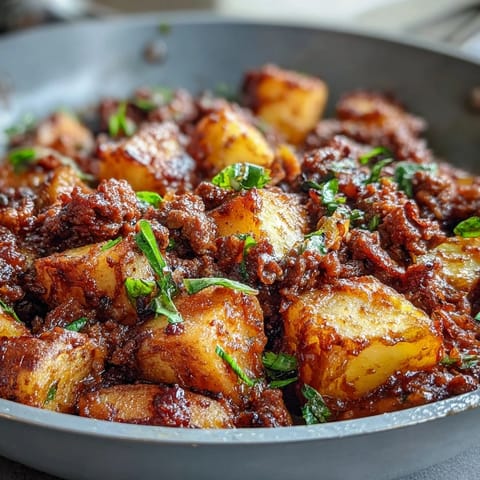 Hearty one-pan High Protein Ground Beef with Potatoes, tender russet cubes simmered in rich tomato broth with savory ground beef.  