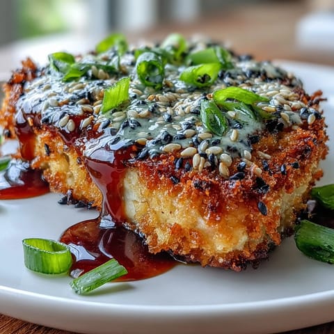 Golden sesame crusted tofu steaks pan-seared to crispy perfection and glazed with glossy homemade teriyaki sauce, garnished with fresh scallions.  