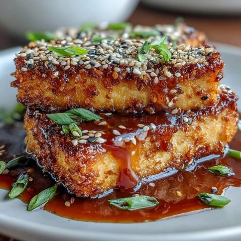 Crispy tofu slabs coated in black and white sesame seeds, seared until golden, then drenched in savory-sweet teriyaki sauce for a vegan main dish.  