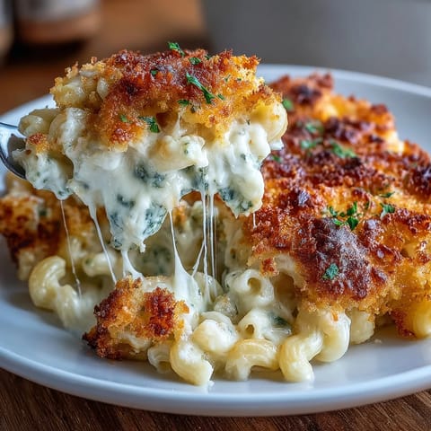 Rich Four-Cheese Mac & Cheese Bake with bubbling panko topping, served fresh from the oven in a cozy baking dish.  