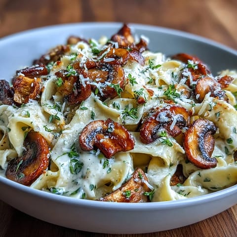 Creamy mushroom pasta with thyme and Parmesan in a rich, velvety sauce, featuring tender pappardelle and earthy mushrooms.