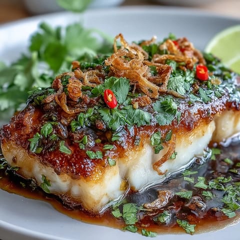Crispy pan-seared fish fillets glazed with tangy chilli-lime sauce and topped with fresh cilantro and crunchy shallots.  