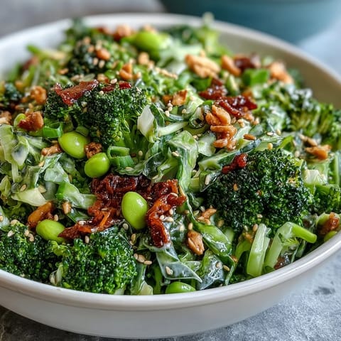 Crisp broccoli florets, shredded cabbage, and carrots tossed in a savory sesame-ginger dressing for a refreshing, crunchy salad.  